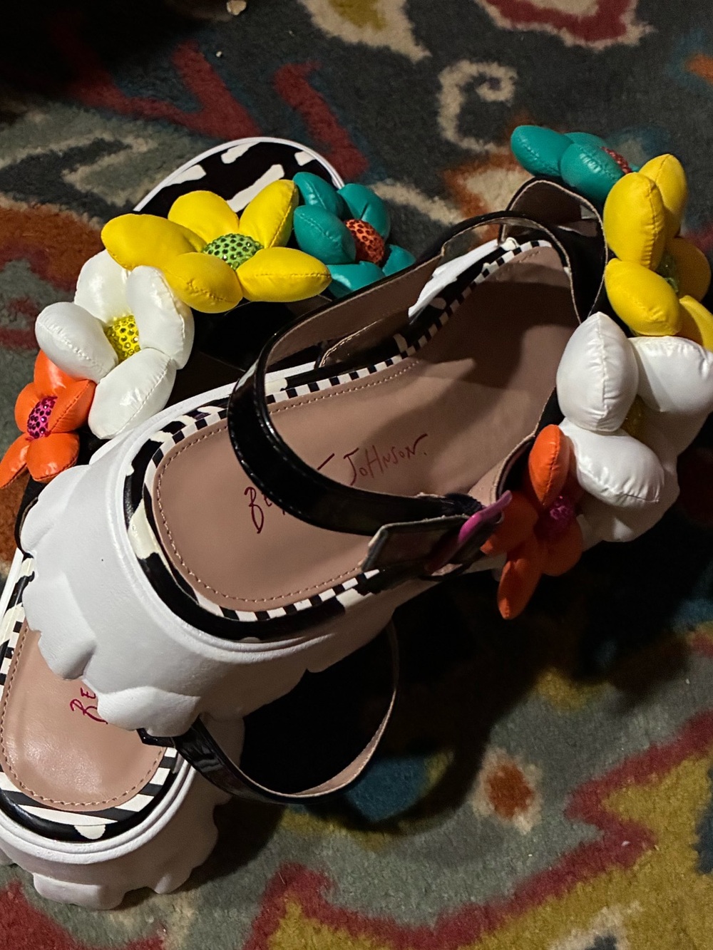 Betsey Johnson Black Sandals with Yellow, Teal, White & Orange Floral Accents - Picture 4 of 4
